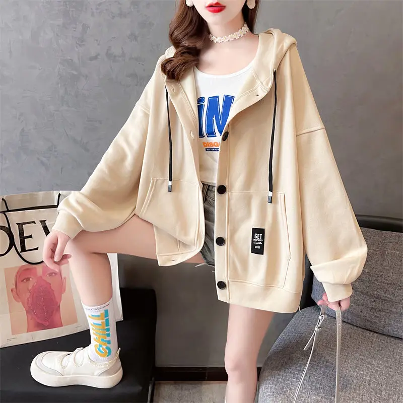 

Cotton Women Hoodie Korean Cardigan Thin Section Buttons Pocket Loose Mid-Length Top Spring Autumn Coat TT0296