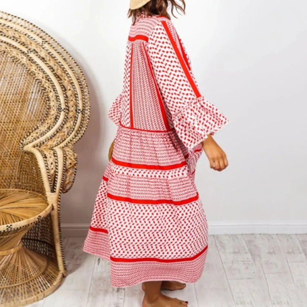 

Casual Style Women's Dress V-neck Vacation Loose Charming 2021 Fashion Loose Printing Oversize Long Sleeve