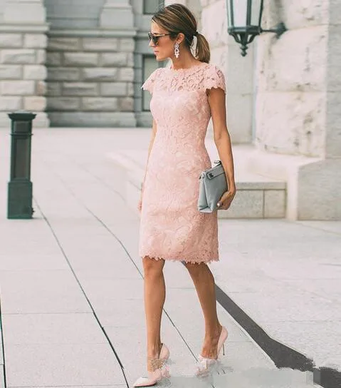 

Blush Pink Full Lace Mother Of The Bride Dresses Plus Size Wedding Guest Dress Sheath Knee Length Mothers Outfits Casual Wear