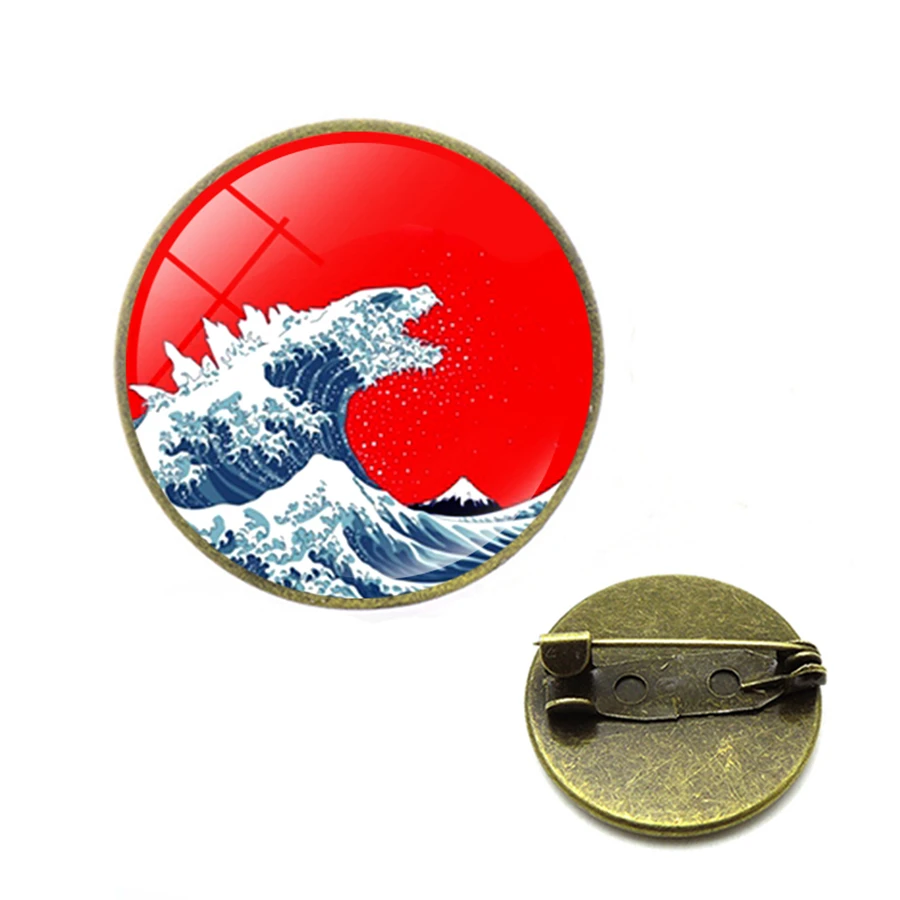 Классическая картина серфинг Kanagawa броши японская Ukiyo e Art синяя морская волна 3D