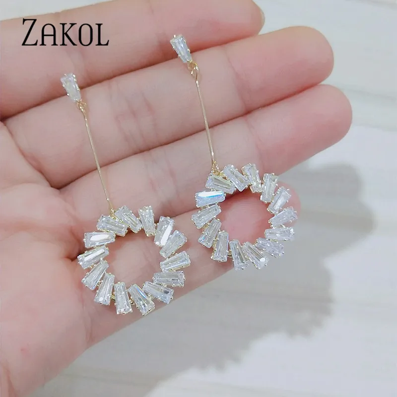 ZAKOL New Arrival Fashion Baguette CZ Zircon Round Circle Dangle Earrings for Women Bridal Wedding Jewelry Accessories AAEP042
