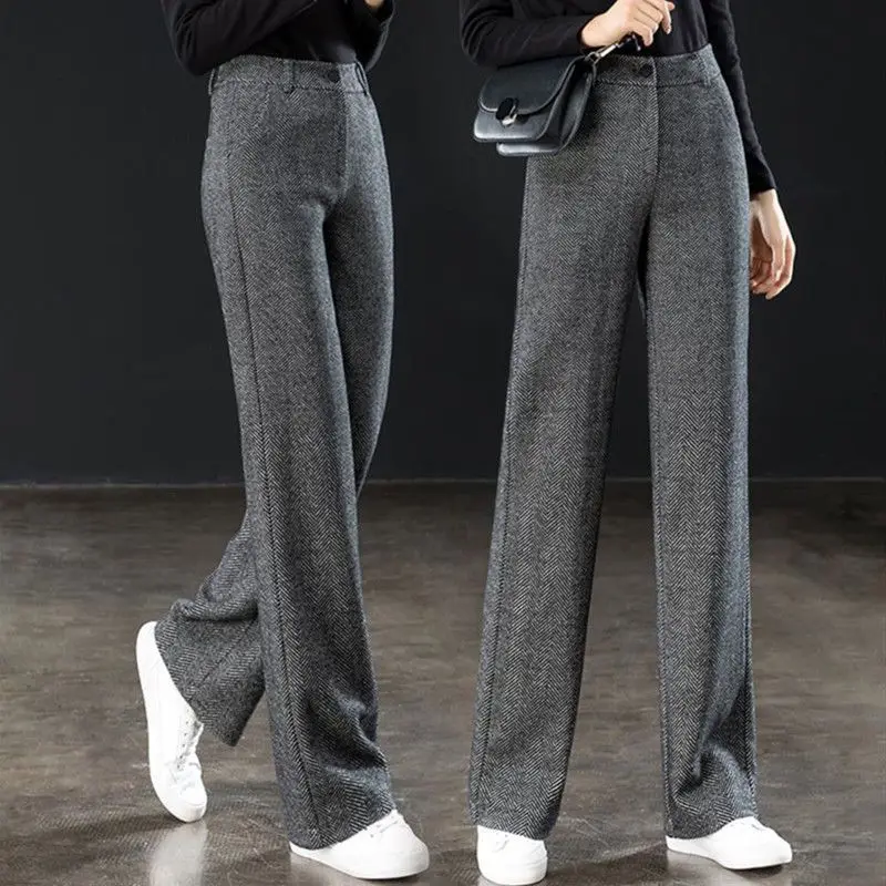 

Herringbone Pattern Woolen Wide Leg Pants For Woman 2020 Spring Autumn High Waist Straight Trousers Pants Ladies Slim Suit Pants