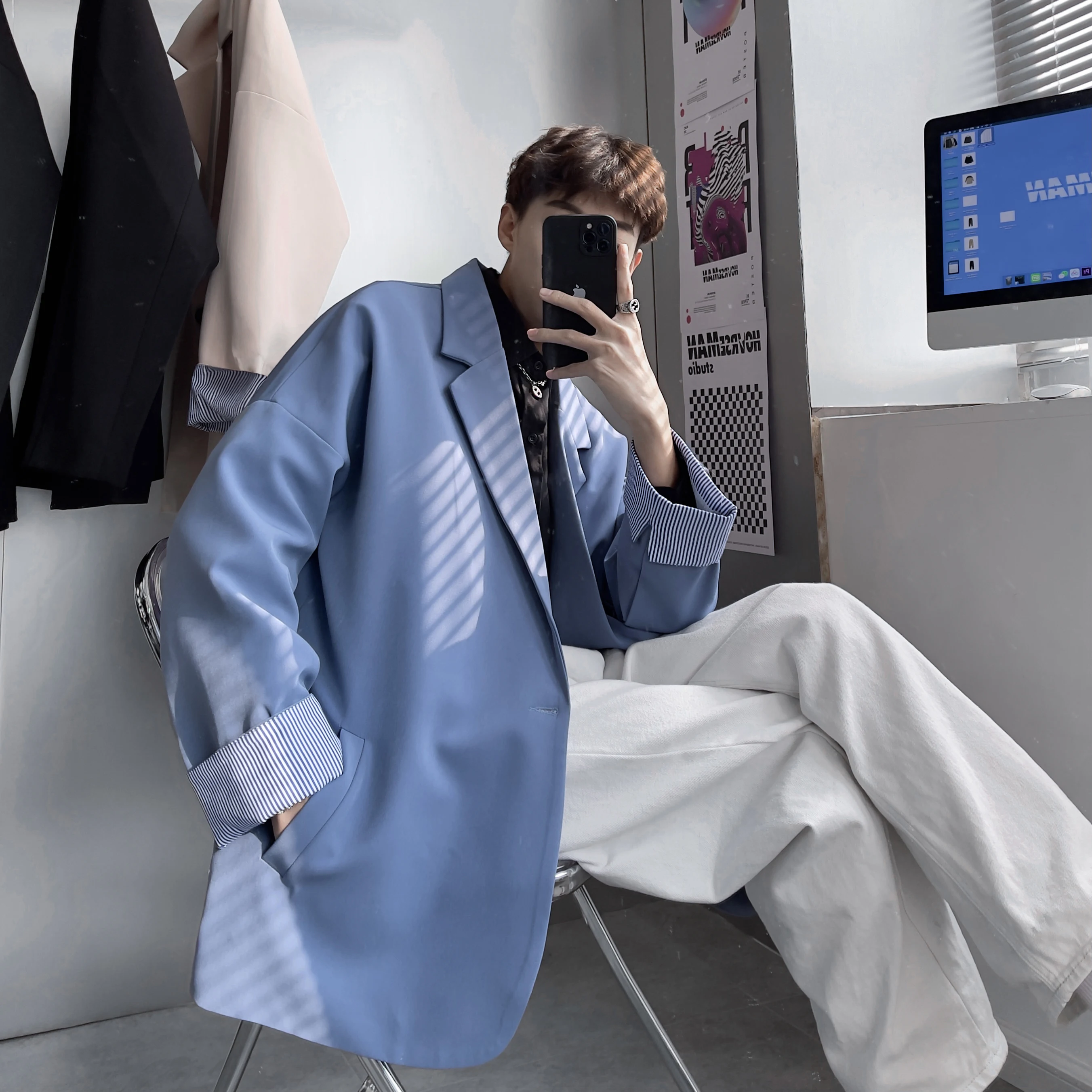 

2020 spring new arrival Men's blazer casual coat Loose style jacket Single button High quality blazers men pure color size M-5XL