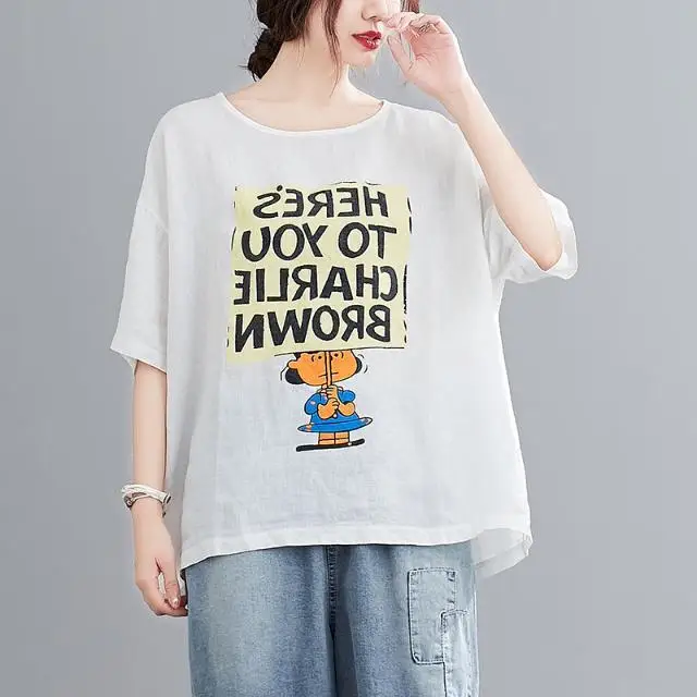 

Large size women's summer 200 jins fat MM letter cartoon printing cotton linen short sleeve T-shirt loose casual thin jacket