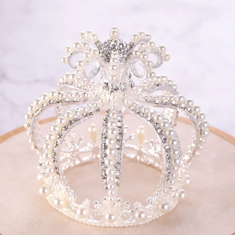 

Wedding Crown Silver Color Baroque Rhinestone Crystal Pearl Round Crown Bridal Headdress Princess Birthday Crown Tiara Jewelry
