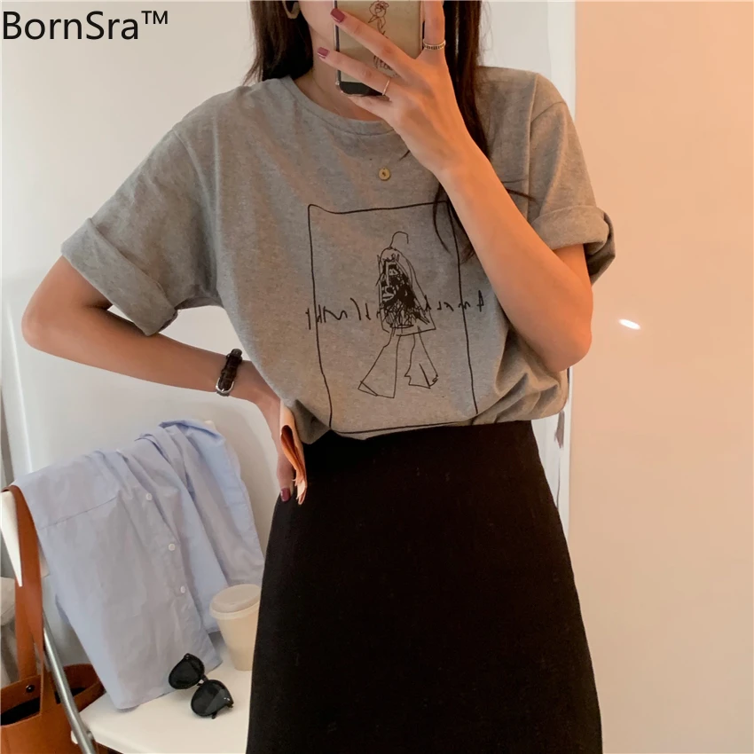 Утепленная свободная футболка с короткими рукавами из песочной ткани принтом