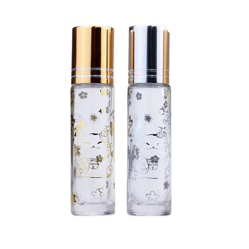 10ML Portable Bronzing Lucky Cat Roll-on Essential Oil Empty Glass Perfume Bottle 100PCS/LOT