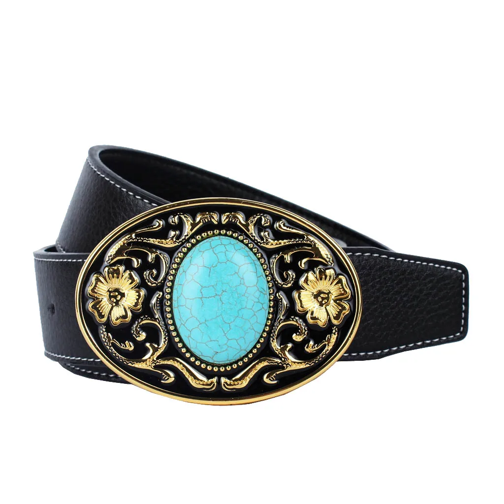 Ремень из натуральной кожи в западном стиле с бирюзовой пряжкой унисекс 110-125 см |
