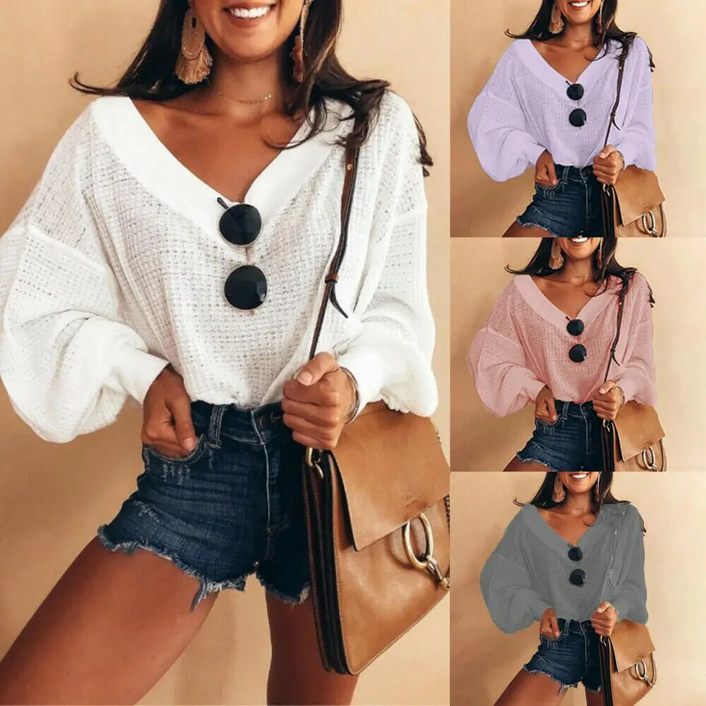 

Women Casual Solid Sweater Knitted Long Lanter Sleeve Pullover Blouse Tops