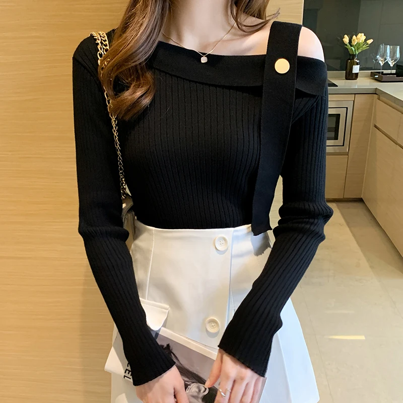 

Черный свитер с открытыми плечами, топ с прямым воротником и длинными рукавами, Женский аккуратный топ с диагональными плечами, облегающий ...