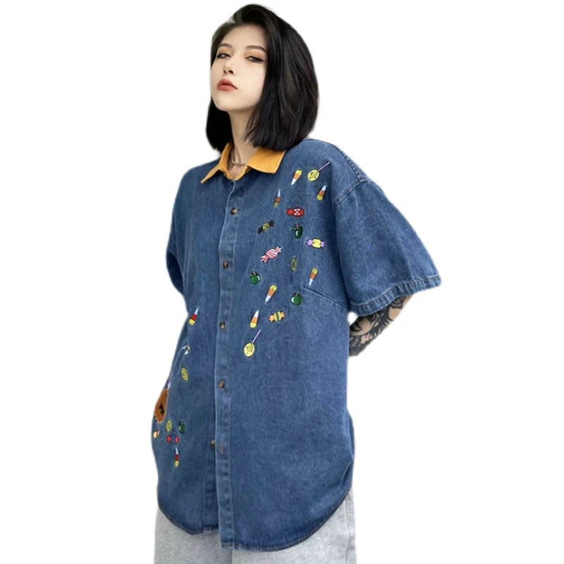 

Рубашка женская джинсовая с коротким рукавом, винтажная Свободная блузка из денима в стиле колледжа, с мультяшным рисунком и вышивкой в ков...