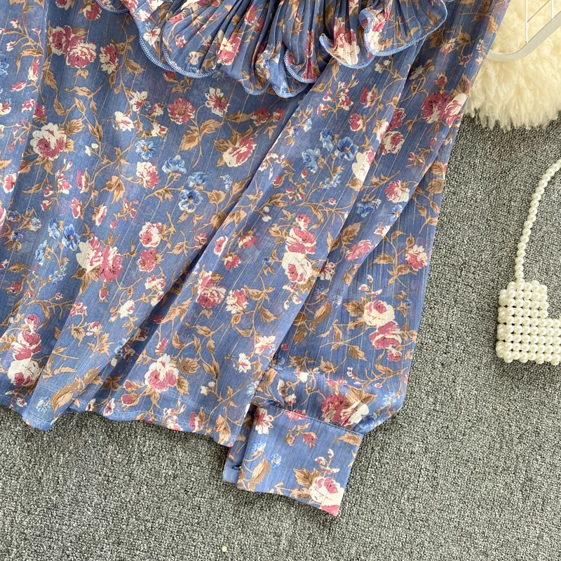 

Women Chiffon Blouse Vintage Floral Print Long Sleeve Shirt Elegant Ladies Stand Collar Puff Sleeve Loose Ruffles Tops