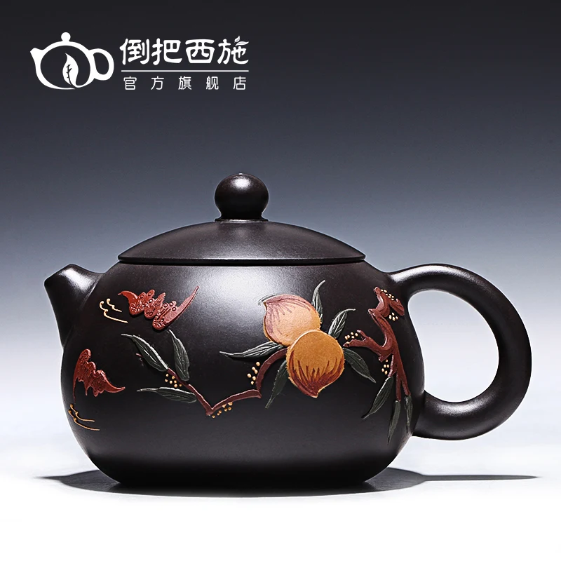 

★Black mud peach xi shi yixing famous ore recommended pure manual sketch teapot tea coloured drawing or pattern