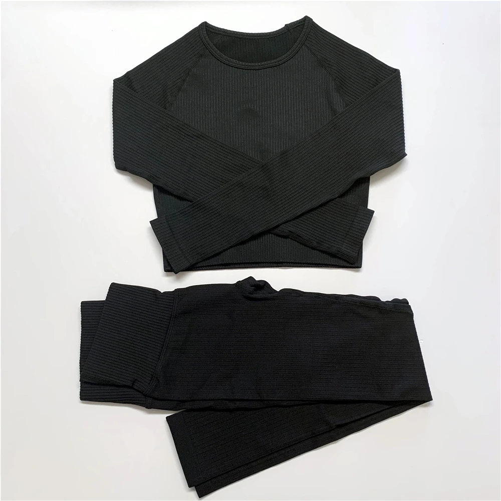 

2 Piece Set Women Ribbed Seamless Long Sleeve Yoga Sets Workout Clothes for Women High Waist Sports Legging Long Sleeve Top Set