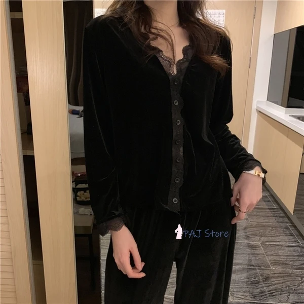 Зимняя Черная кружевная Женская бархатная Пижама 4XL 5XL теплая ночная рубашка