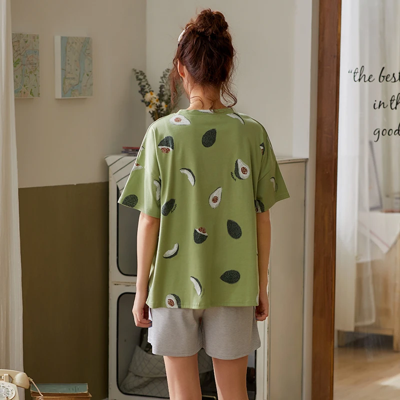 

BZEL Green Sleepwear Sets For Women Lovely Avocado Pattern Pajamas 100% Cotton Short Home Wear Hot Sale Femme Underwear Pijamas