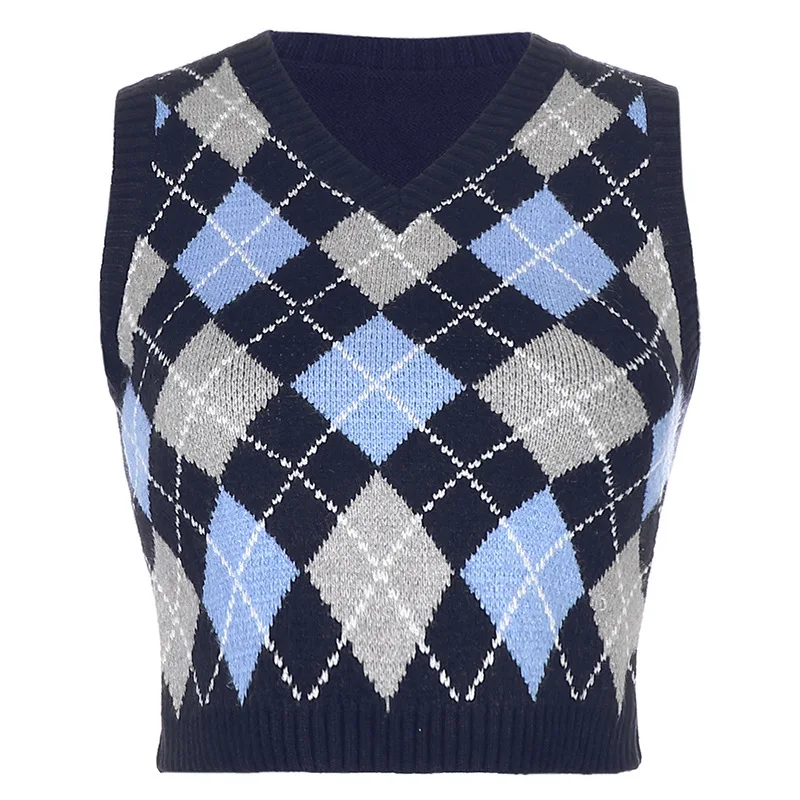 

V Neck Vintage Argyle Sweater Vest Women Black Sleeveless Plaid Knitted Crop Sweaters Casual Autumn Preppy Style