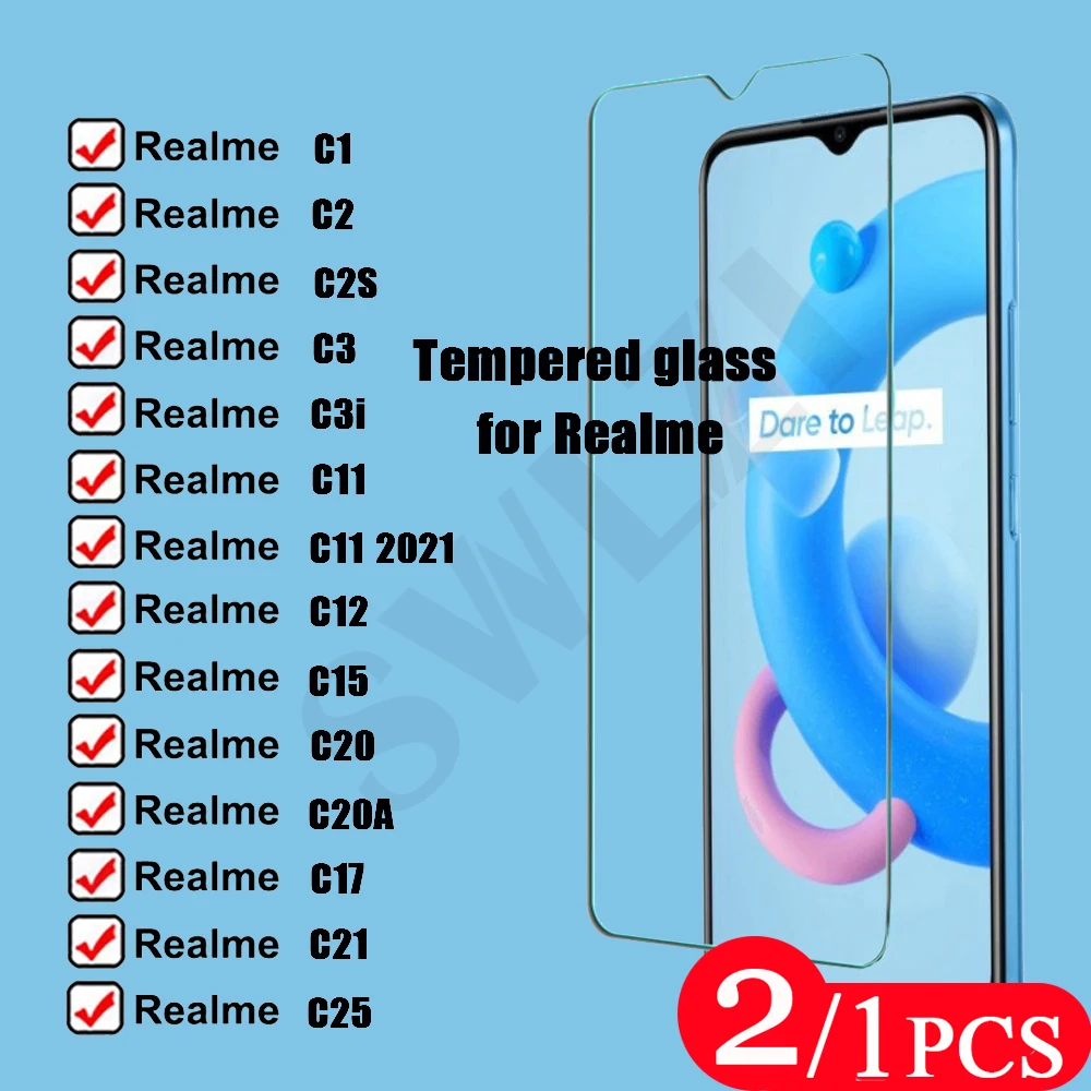 

2/1Pcs Tempered Glass Film for Realme C20 C20A C21 C25 C11 2021 C12 C15 C17 C1 C2 C2S C3 C3i Protective Phone Screen Protector