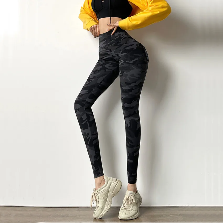 

2021 Camouflage Sports Pants with Pocket High Waist Yoga Leggings Women Scrunch Butt Workout Fitness Trousers Gym Running Tights