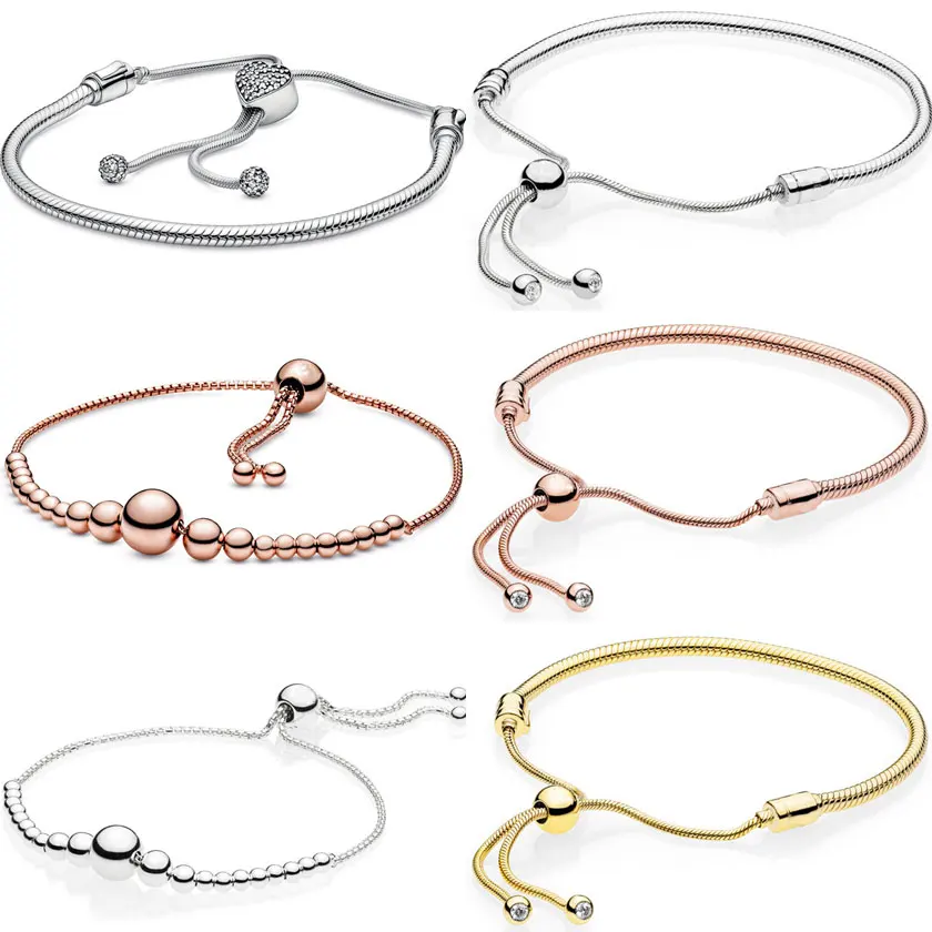 

Moments Pave Heart Clasp Snake Chain String Of Beads Sliding Adjust Bracelet Bangle Fit Europe 925 Sterling Silver Bead Charm