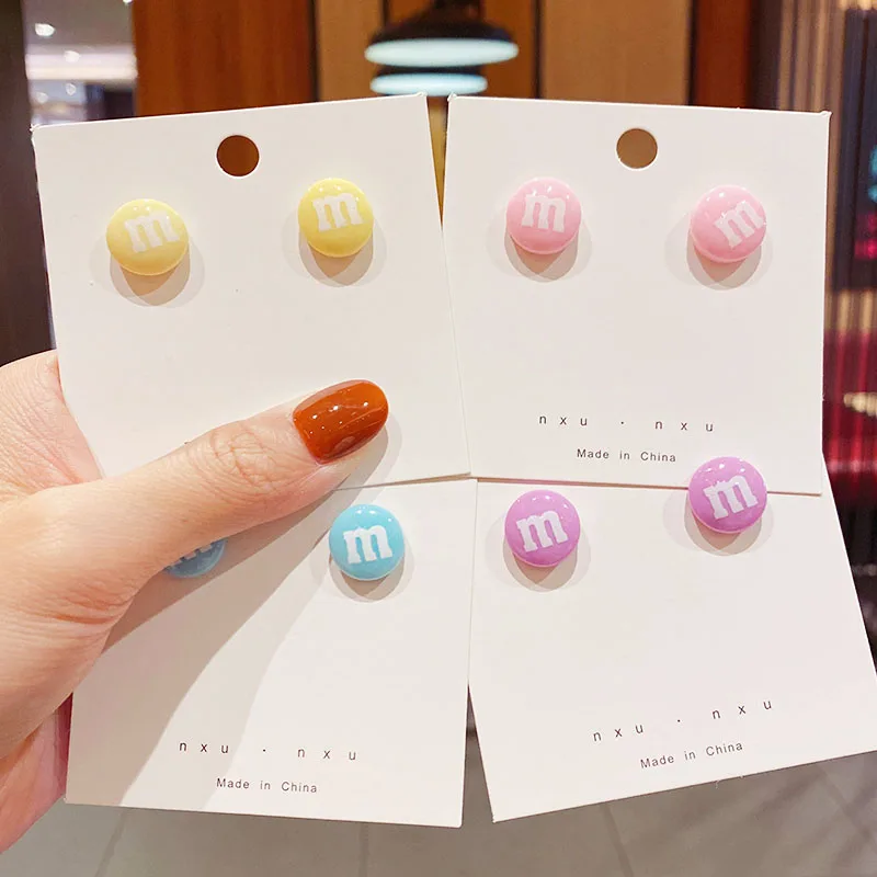 

2021 New Cute Candy Colors M Beans Earrings for Women Girls Sweet Decorate Gifts Stud Earring Fashion Jewelry