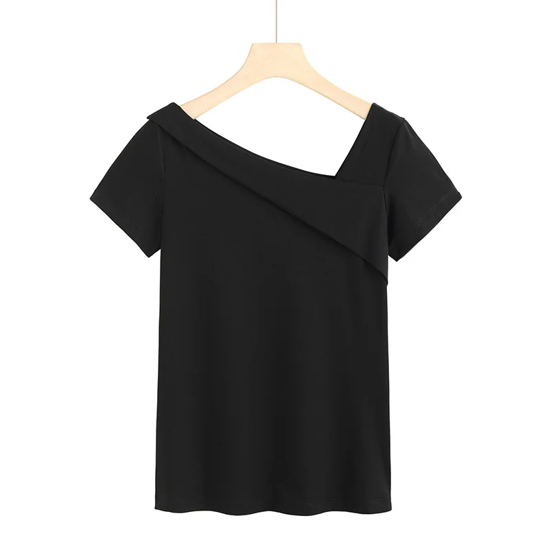 

2021 summer fashion short sleeve t-shirt female slant shoulder collar temperament advanced sense modal comfortable cotton top