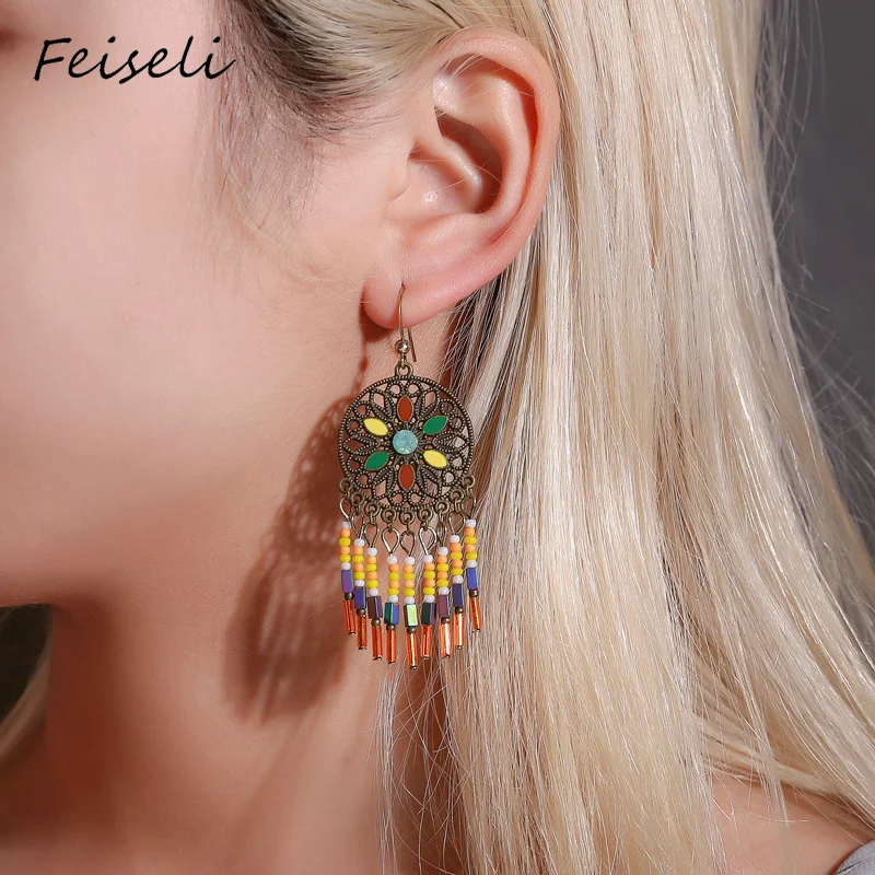 Feiseli цветные резные Многослойные женские серьги с кисточками в этническом стиле