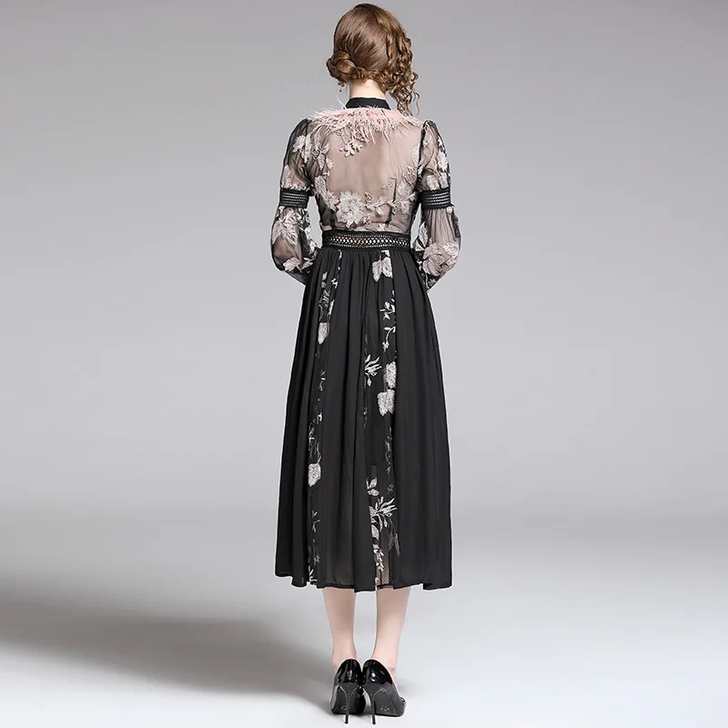 

2020 New Arrival Ostrich Feather Embroidered Ladies Dress Sexy Hollow Out Lantern SLeeve Spring Ankle-Length Ladies Dresses