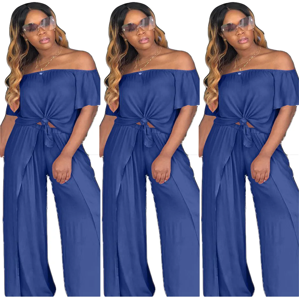 

2020fashion Women's Shoulder-off Dashiki Maxi Short Sleeveloose Split Sexy Skirt Suit Solid Color Sweet Princess Two-piece Suit