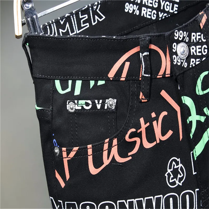 Men's Plus-Size 3D Stretch Print Casual Fashion Versatile Black Mid-Waist Stretch Tight Pants And Skinny Jeans