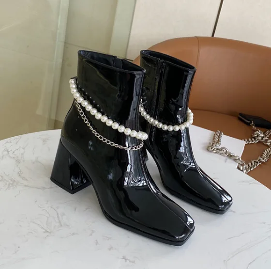 Женские ботильоны на толстом высоком каблуке дамские ботинки с цепочкой