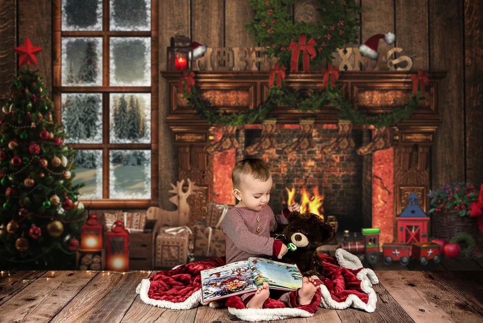 

Mehofond Christmas Photography Background Christmas Tree Fireplace Gift Toy Newborn Birthday Backdrop Photophone Photo Studio