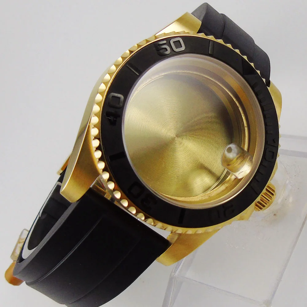 40MM Accessories Parts Sapphire Glass Rose Gold Plated Brushed Ceramic Bezel Rubber Watch Case Fit NH35 NH36 Movement