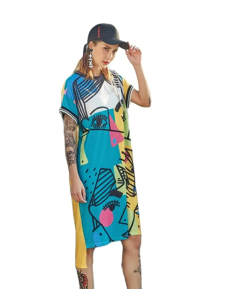 

Женское платье с принтом граффити из мультфильма, прямое длинное платье-футболка в стиле хип-хоп, Одежда для танцев