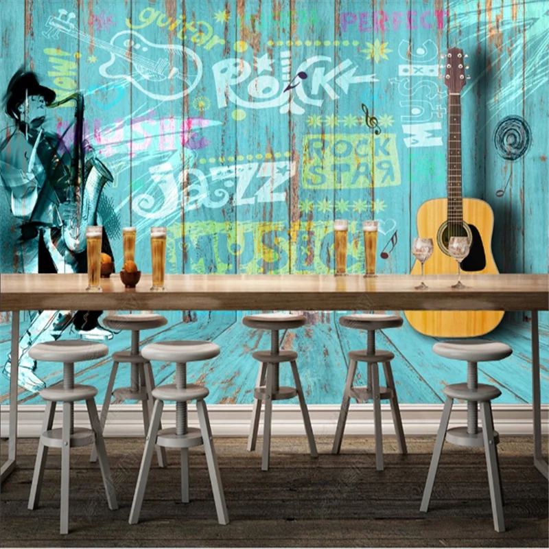 

Blue Wooden Board Graffiti WallPapers Industrial Decoration Guitar Leisure Bar Background Mural Wall Paper papel de parede 3d