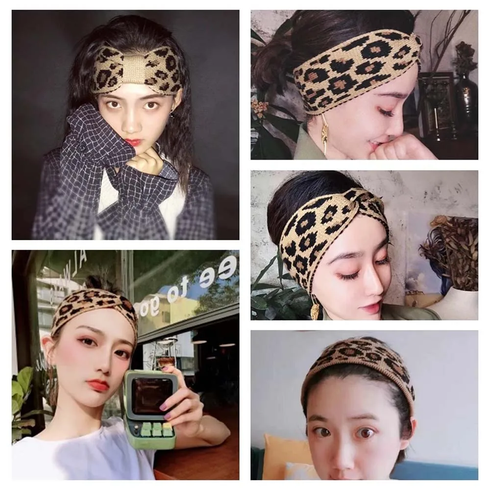 Леопардовая повязка на голову с бантом модные зимние теплые трикотажные повязки
