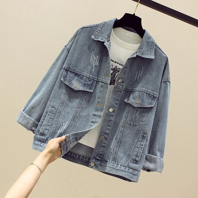 

Куртка женская джинсовая с длинным рукавом, модная повседневная свободная короткая верхняя одежда из денима с карманами, синий цвет, на осе...