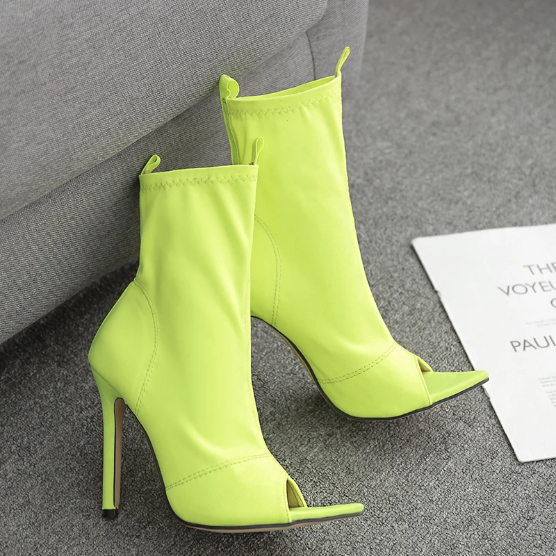 

Ankle Boots Plus Size 42 Solid Pointed Sleeve Women's Boots Peep Toe Elastic Fabric Stiletto High Heels Fluorescent Shoes Women