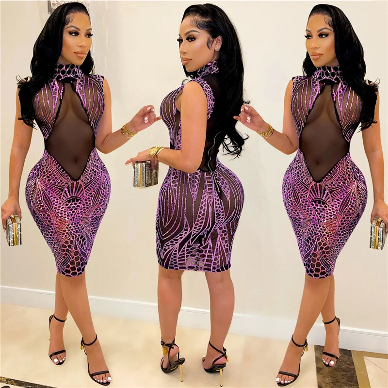 Женское вечернее платье с блестками элегантное Сетчатое без рукавов в стиле