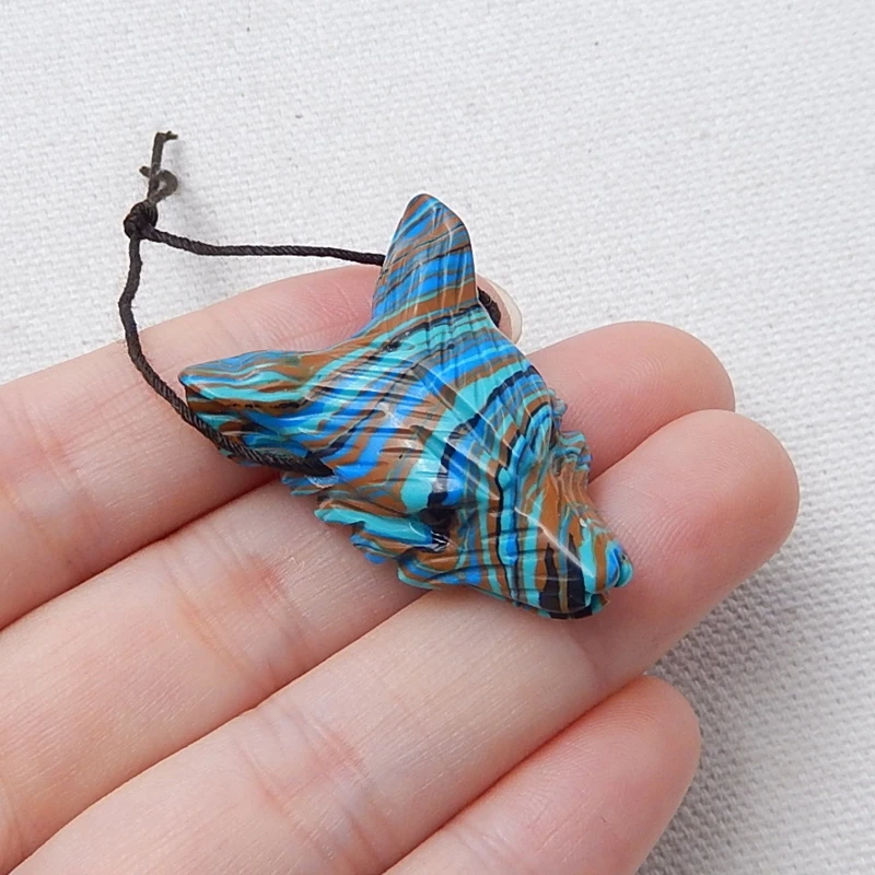 Sale 1Pcs Rainbow Jasper Handcarved Wolf Head Side Drilled Necklace Pendant 34x25x11mm 8.2g