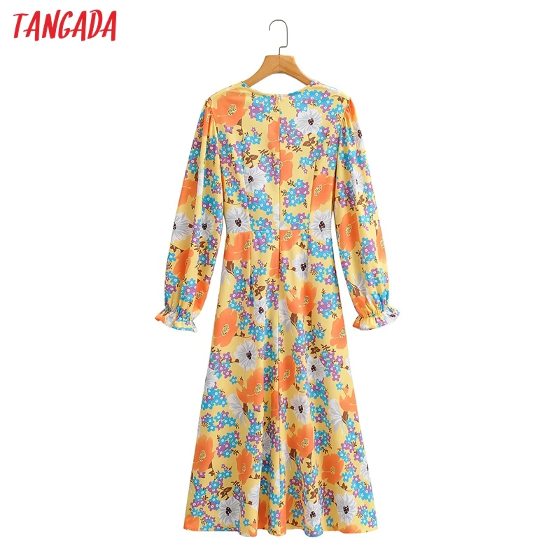 

Tangada 2021 Autumn Fashion Women Yellow Flowers Print Long Dress Long Sleeve Ladies French Style Dress with Slash 1F246