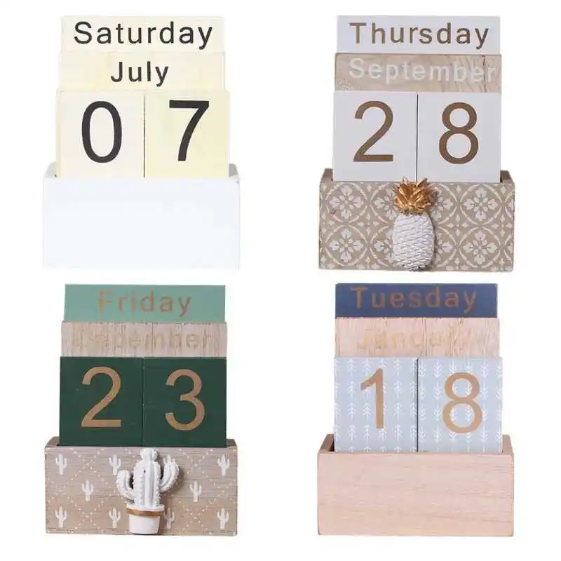 

Planner Perpetual-Calendar Eternal-Block Vintage Desktop-Decoration Wooden Office Home