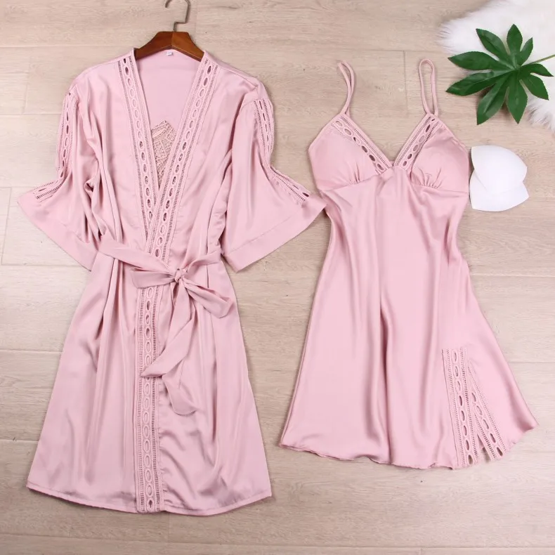 

Female Green Hollow Out Lace Square Flower Robe Sets 2PCS Sleep Suit Sexy Faux Silk Sleepwear Lounge Spring Summer Home Clothes
