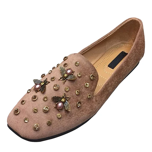 apricot Фитнес Diamond Rhinestone Черный Кристалл Квадратный Toe Bee Дамы Красивые Квартиры Обувь Китайские Мокасины Весна Осень Замша Женщины - Цвет: apricot