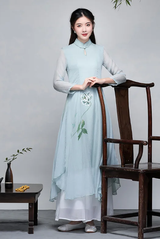 Вьетнамское стильное платье, вьетнамское традиционное платье aodai, имитация двух частей, кружевное платье cheongsam, халат chinoise ao dai