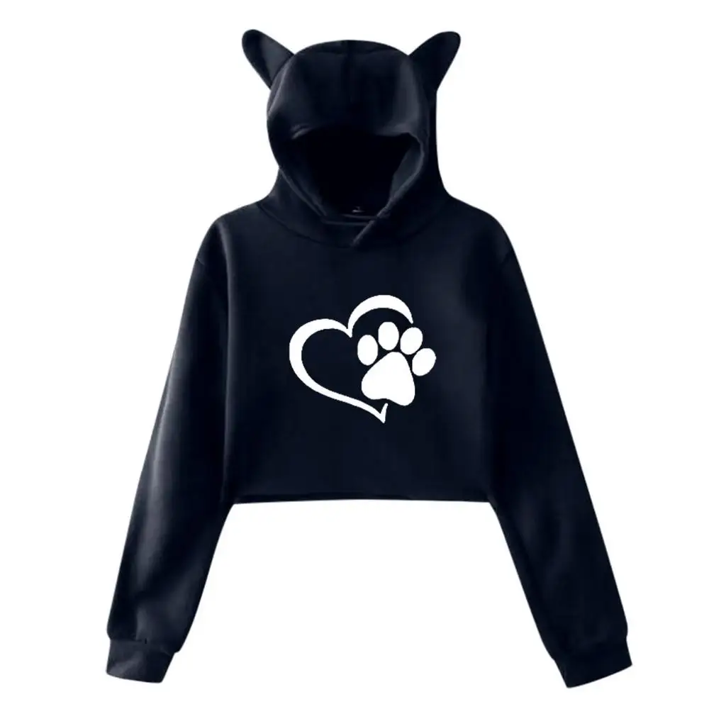 Милые свитшоты с кошачьими ушками женские короткие толстовки sudadera осенние женские пушистые шляпы с капюшоном пуловер Черный Белый kpop