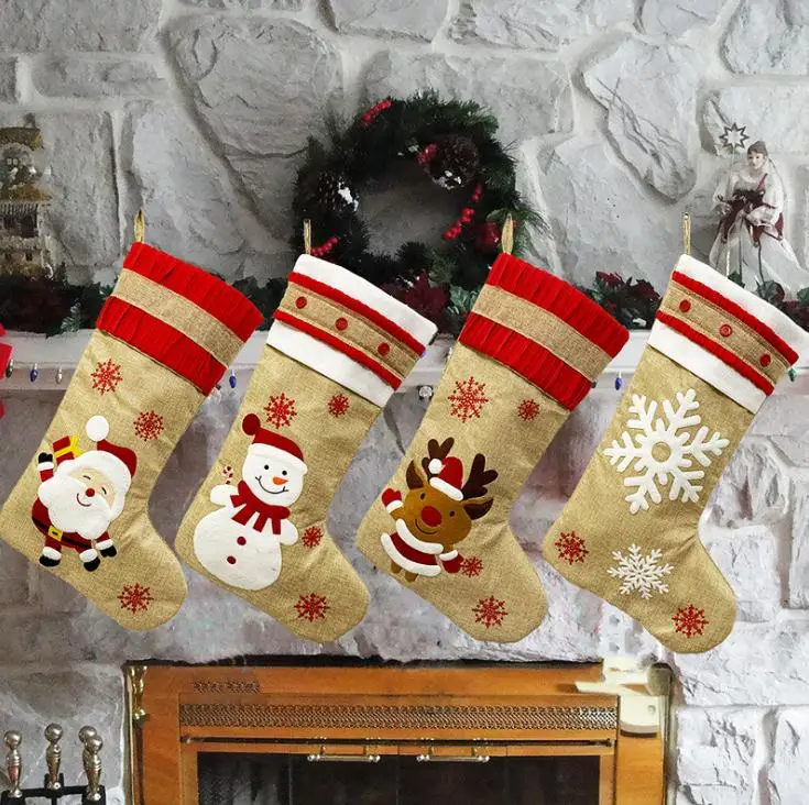 

Big Christmas Stockings Burlap Canvas Santa Snowman Reindeer Cuff Family Pack Stockings Gift Bags For Xmas Party Decor SN3388