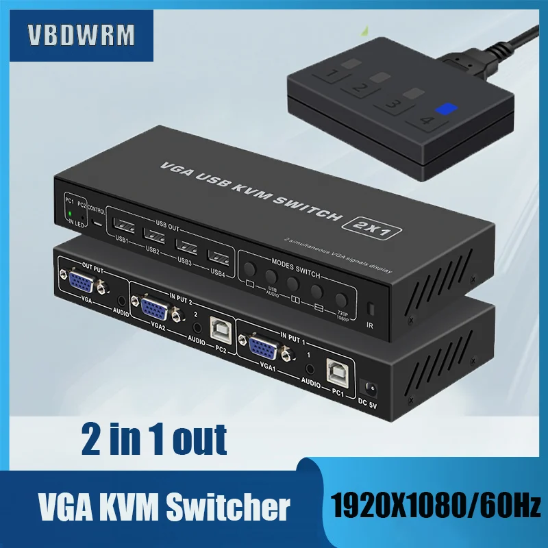 

VGA KVM Switcher 2X1 with VGA Multi-viewer function with audio in & out VGA Multiviewer KVM Switch with Remote Adapter