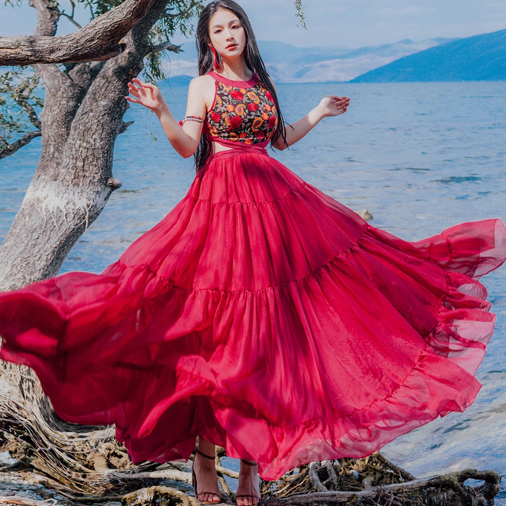 KHALEE YOSE Boho Макси платье летние винтажные вышитые платья шифоновые многоярусные завязанные без рукавов Midriff сексуальное платье Хиппи для женщин