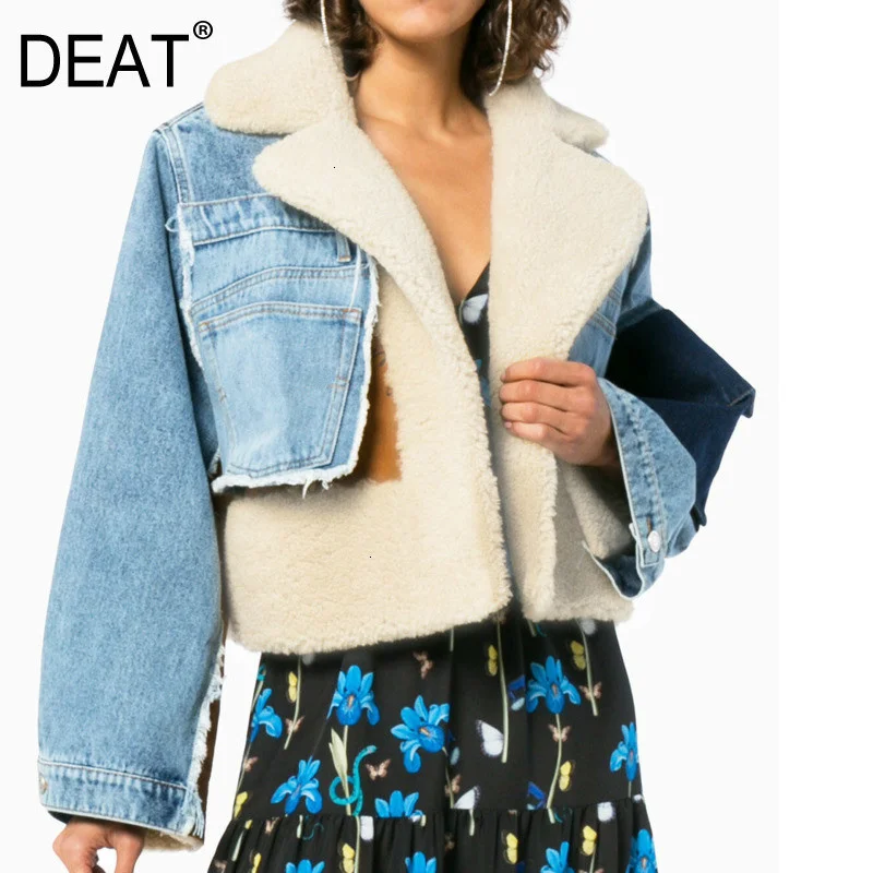 

DEAT Full Sleeve Wool Liner Wide Waisted Turn Down Collar Women loose Patchwork Woolen Coat 2021 Autumn Winter denim two pieces